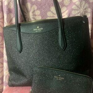 Kate Spade Black Sparkle Tote W/ Matching Wallet